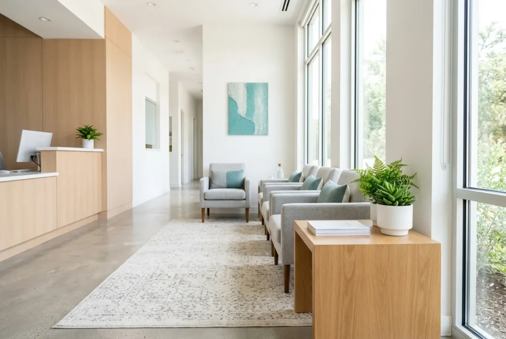 Bright, welcoming dental waiting area in the Alpharetta area