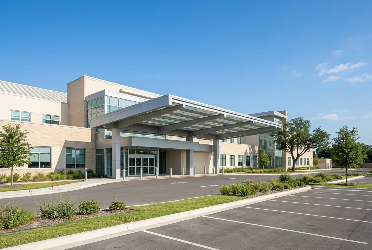 Hospital emergency entrance, where tooth pain is treated but teeth are rarely pulled