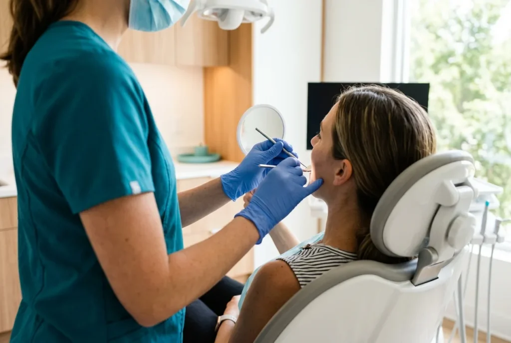 Dentist examining a patient during urgent dental abscess treatment in Alpharetta