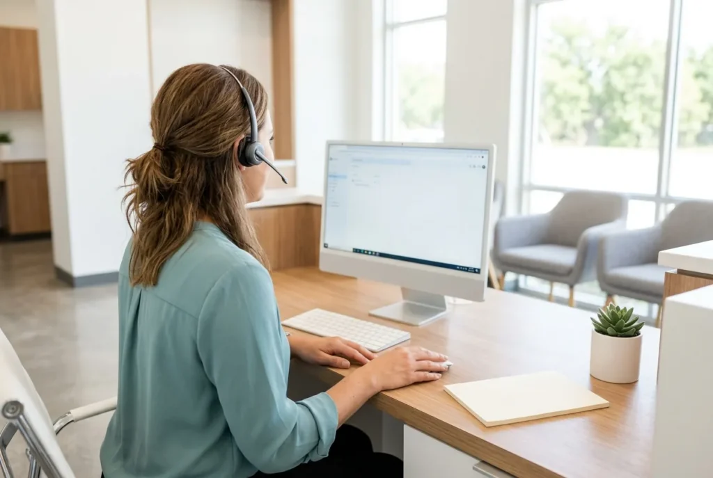 Dental team member answering emergency dental questions by phone in Alpharetta