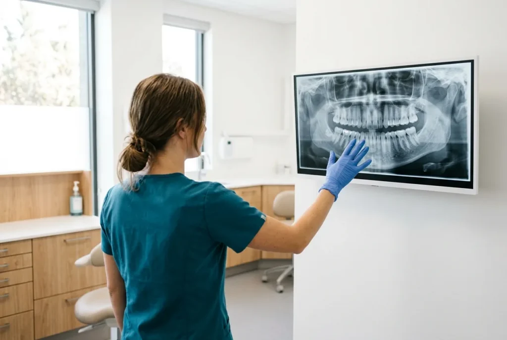 Dental X-ray on a monitor reviewed before wisdom tooth removal in Alpharetta