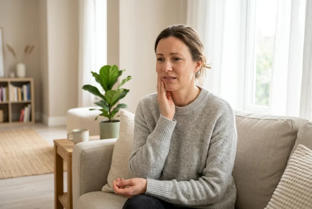 Person with wisdom tooth pain holding their jaw before a same-day visit in Alpharetta